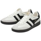 Pair of white Gola sneakers with black stripes, black soles, and a light gray toe cap.