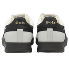 Back view of two white Gola sneakers with black heels and black soles.