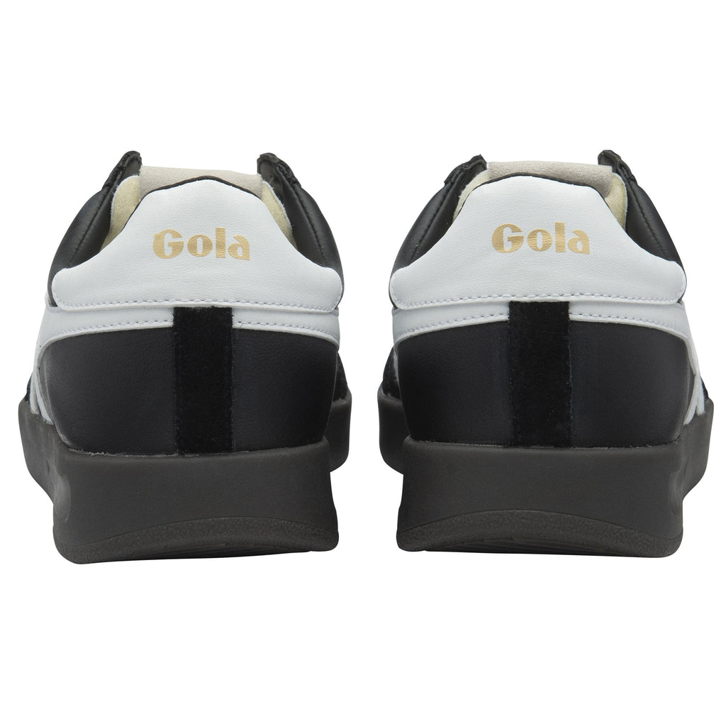 The rear view of a pair of Gola men's black trainers with white accents.