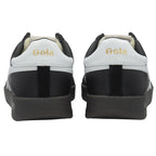 The rear view of a pair of Gola men's black trainers with white accents.