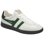 Angled view of a white Gola sneaker with green stripes and a black sole.