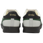 Rear view of a pair of white Gola sneakers with black and green accents.