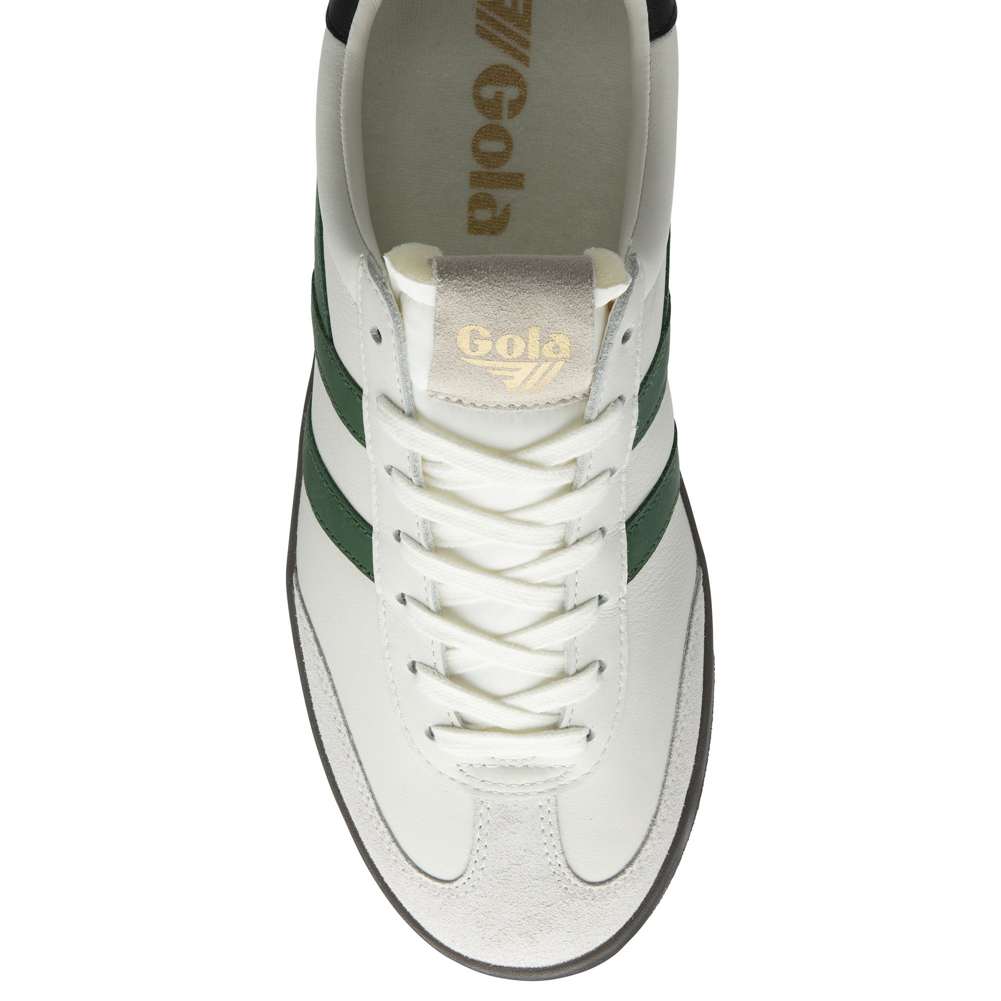 Top-down view of a white Gola sneaker with green stripes and white laces.