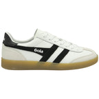 Side view of a white Gola sneaker with black stripes and a gum sole.