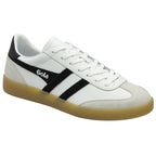 Angled side view of a white Gola sneaker with black stripes and a gum sole.