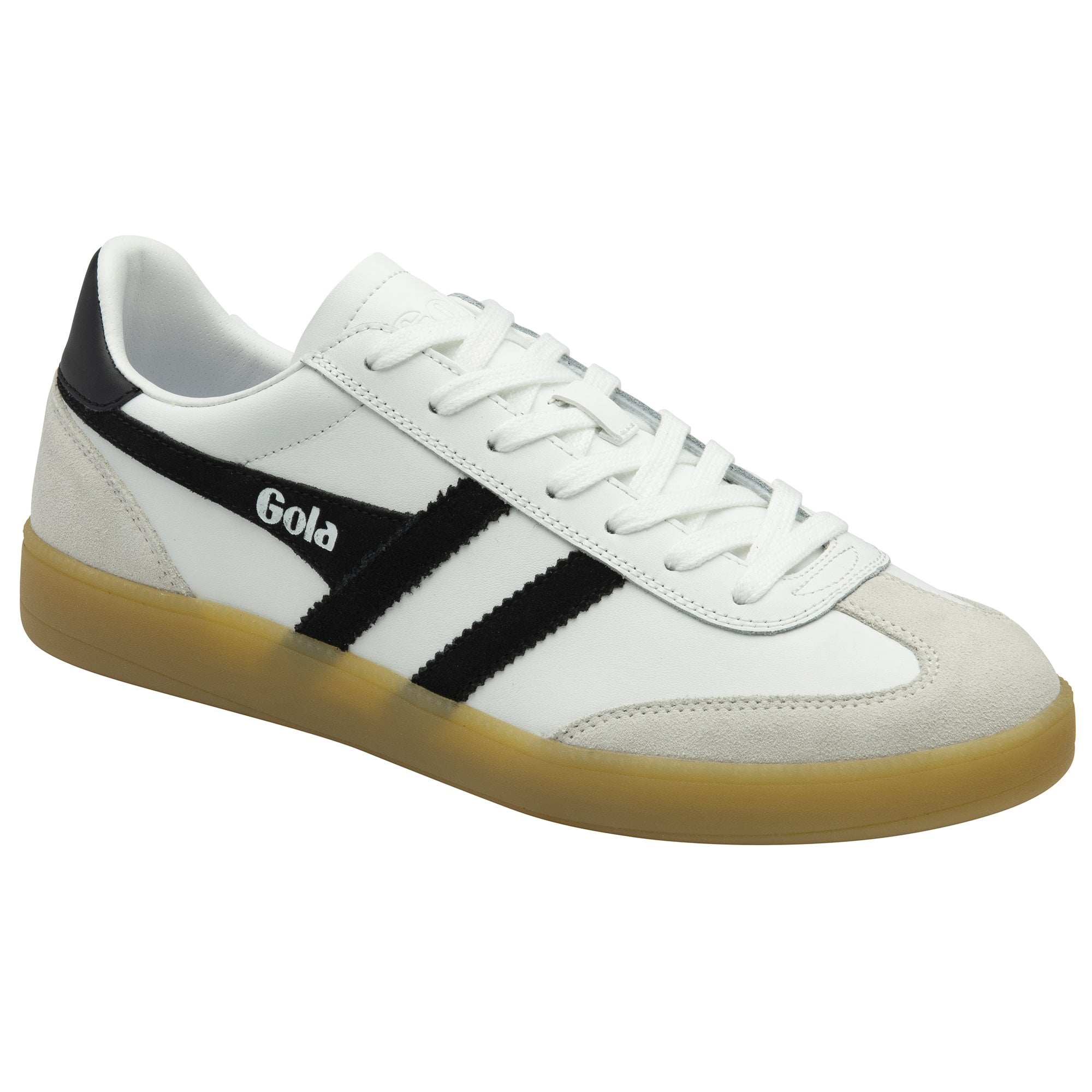 Angled side view of a white Gola sneaker with black stripes and a gum sole.