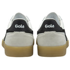 Rear view of two white Gola sneakers with black heel tabs and gum soles.