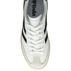 Top-down view of a white Gola sneaker with black stripes and white laces.