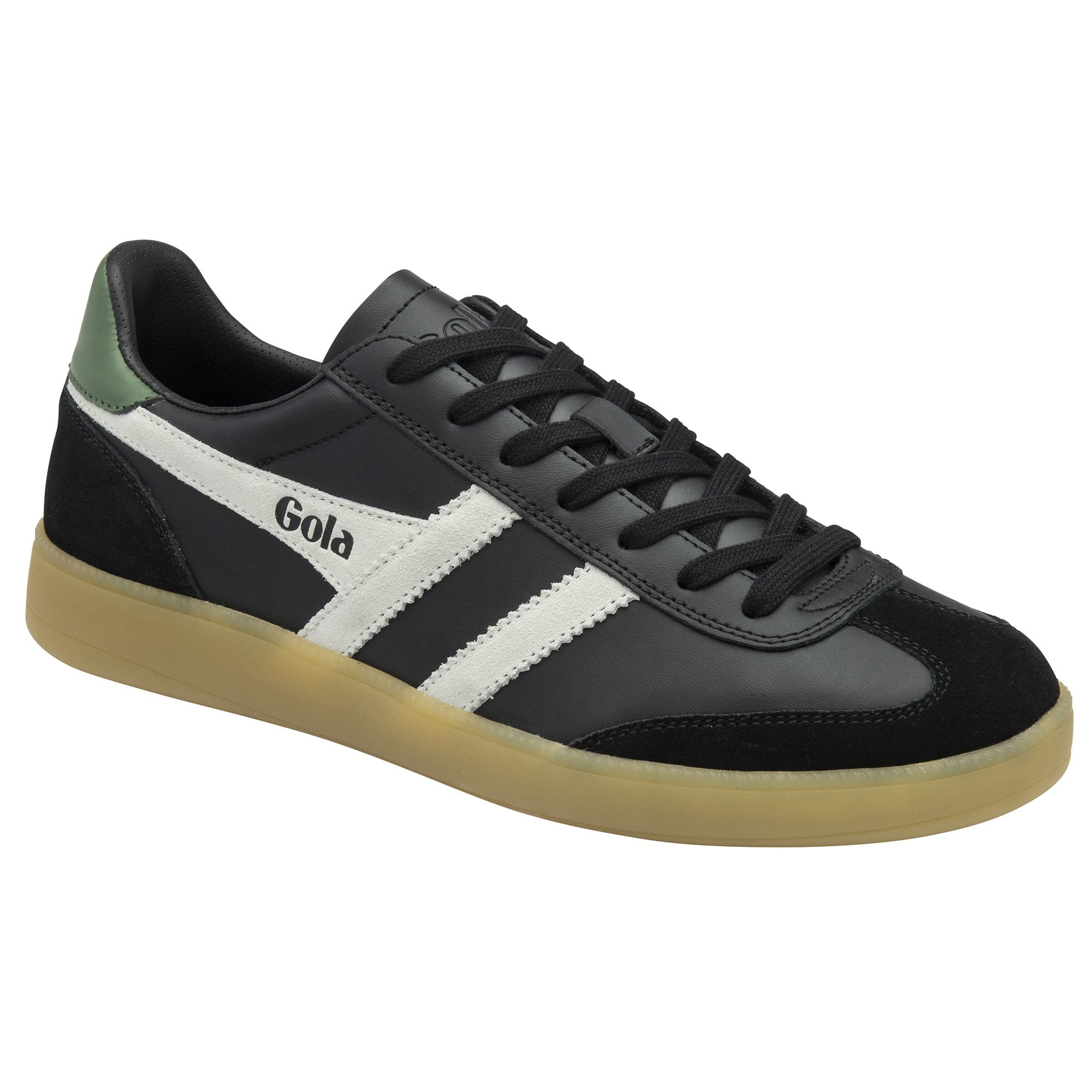 A black Gola sneaker with white stripes and a green heel on a white background.