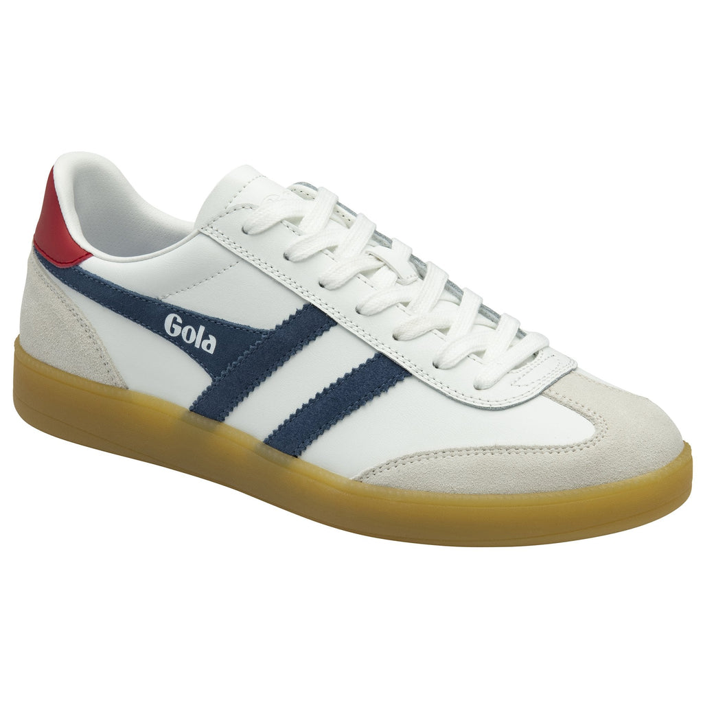 Angled view of a white Gola sneaker with navy stripes and a red heel accent.