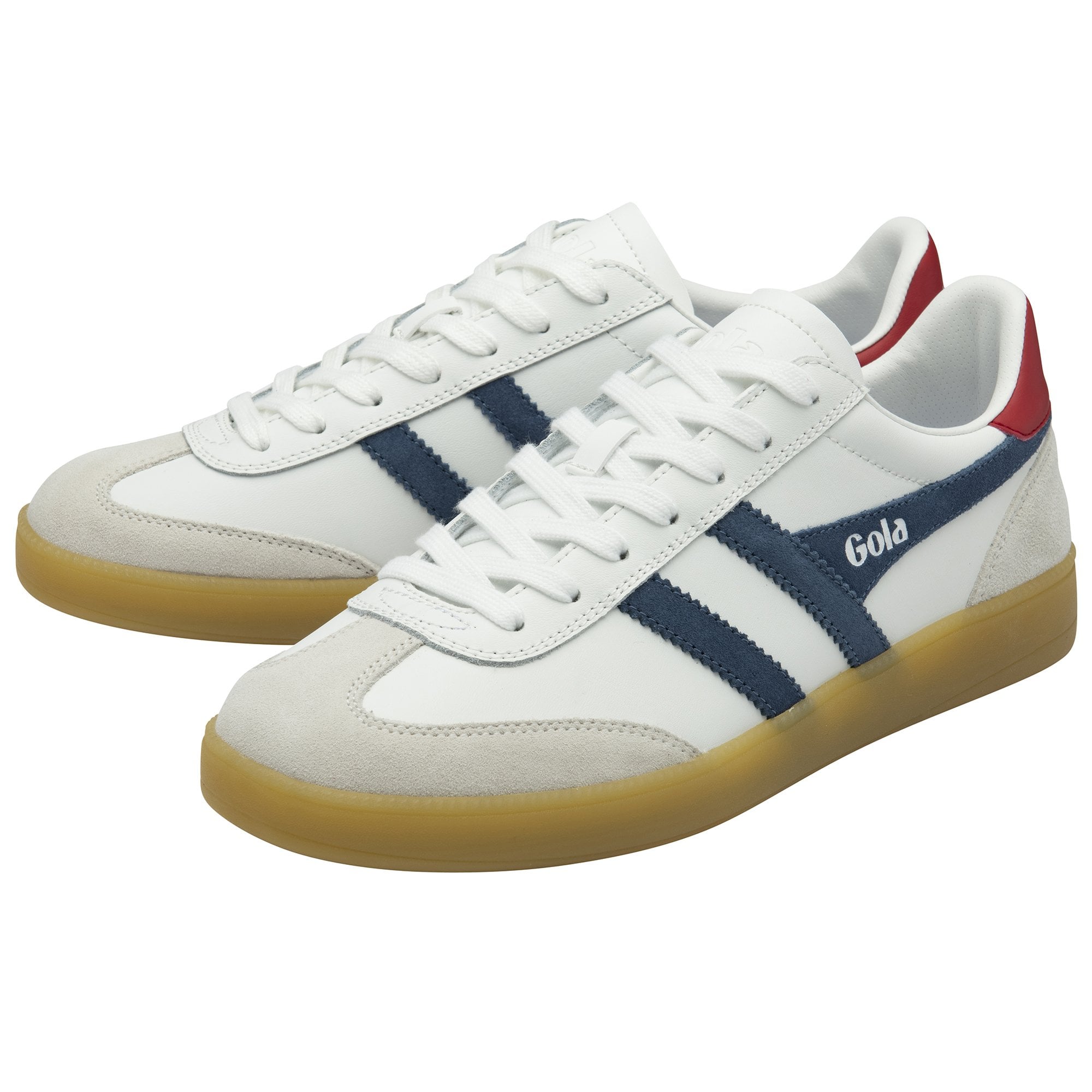 Pair of white Gola sneakers with navy stripes and red heel accents.