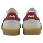 Rear view of two white Gola sneakers with red heel accents and Gola logo.