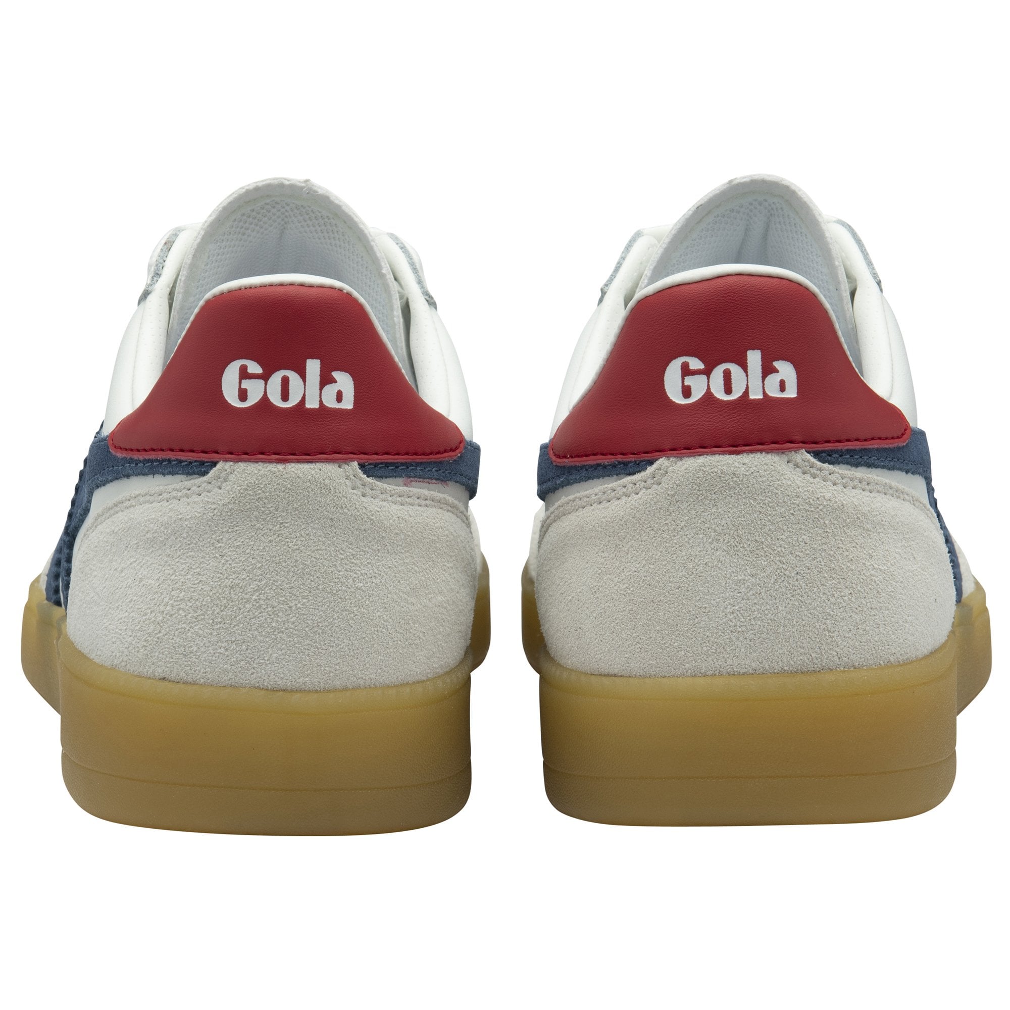 Rear view of two white Gola sneakers with red heel accents and Gola logo.