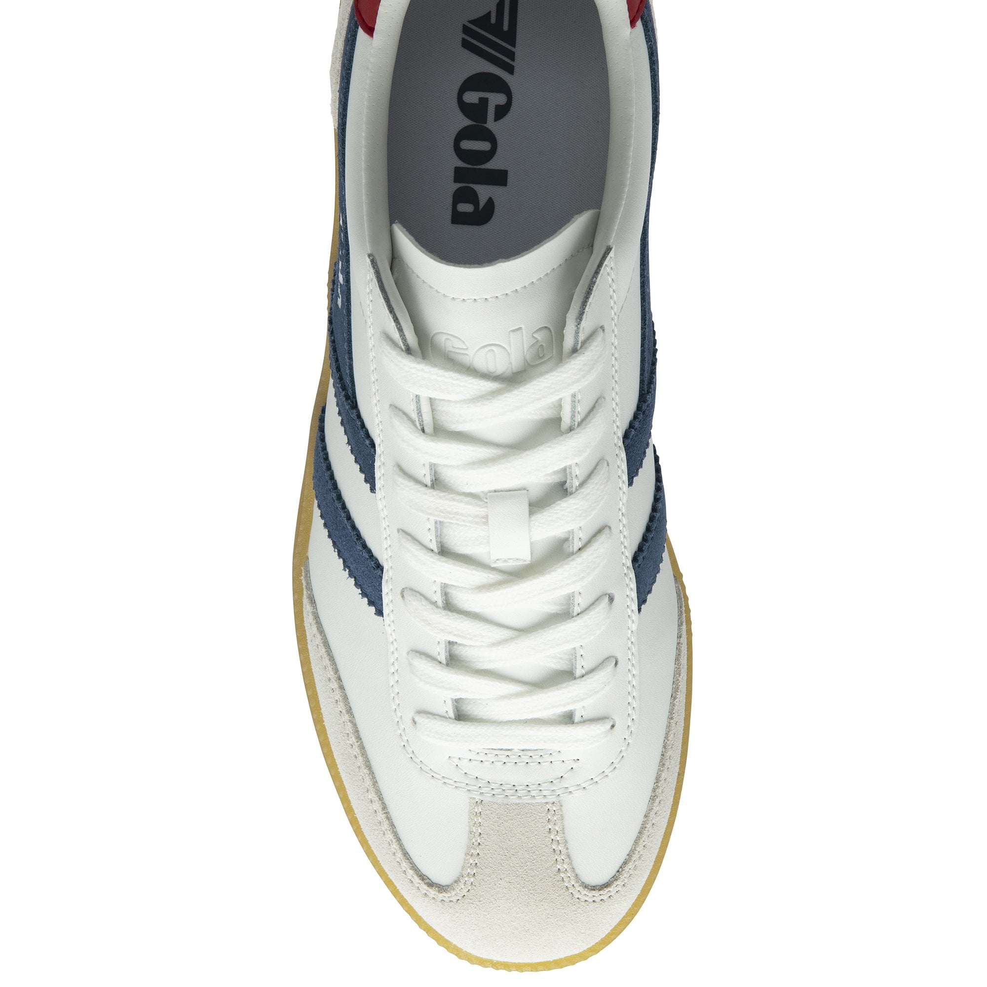 Top-down view of a white Gola sneaker with navy stripes and an insole visible.