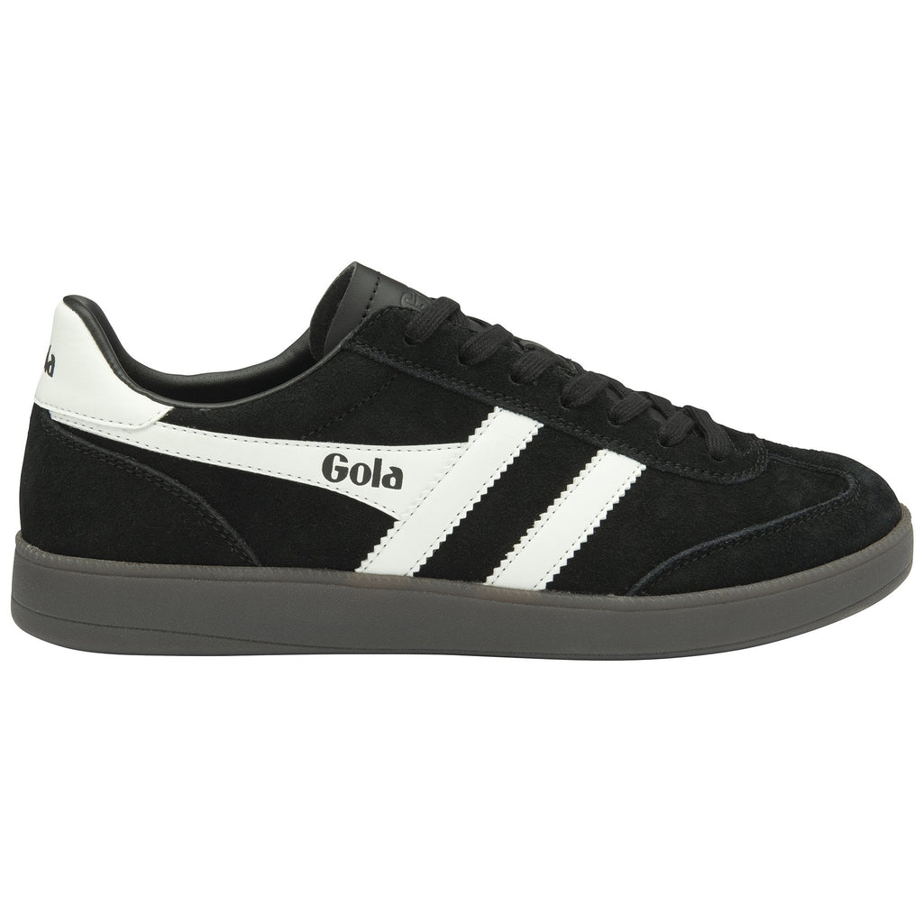 A black Gola men's sneaker, with a white Gola logo on the side and a grey sole.