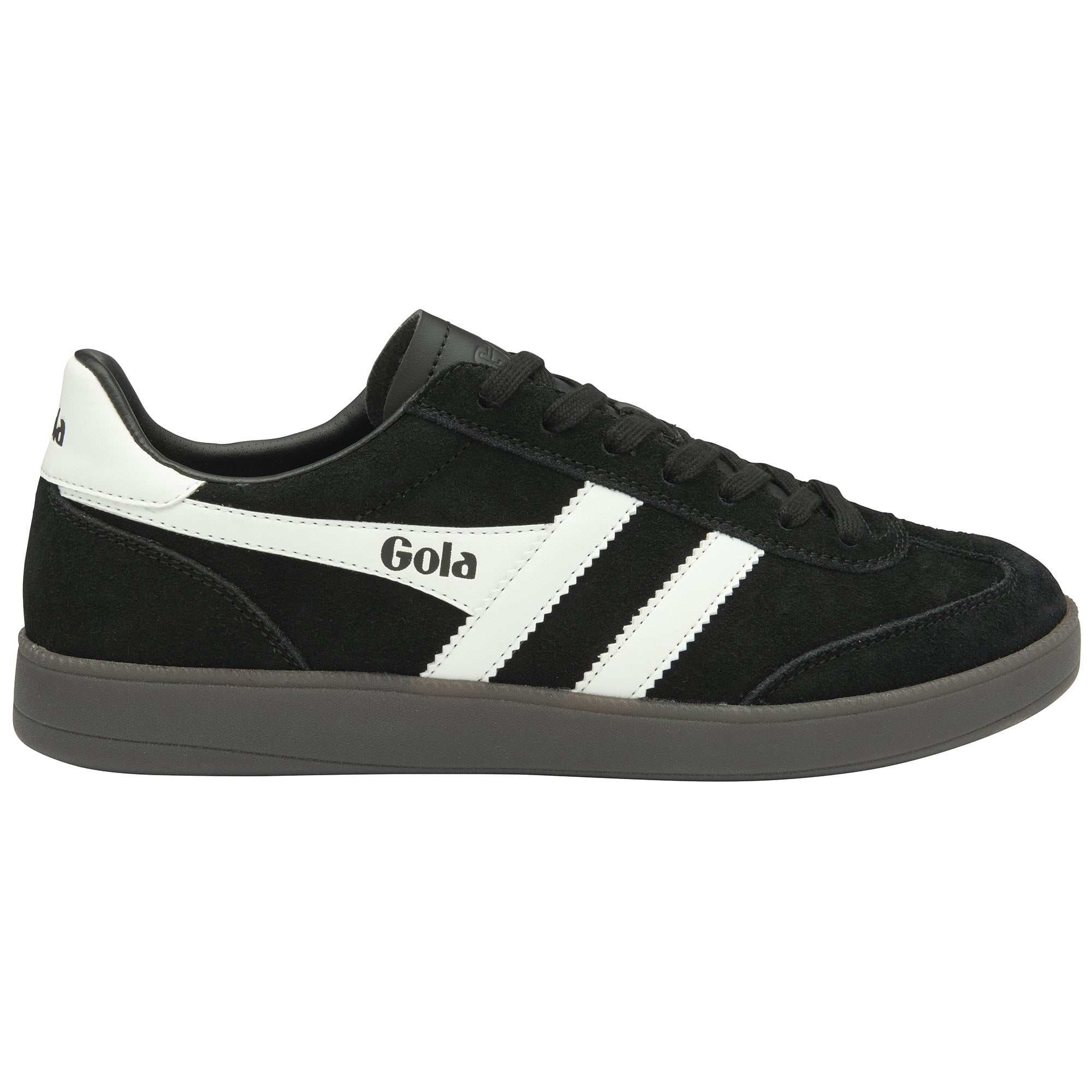 A black Gola men's sneaker, with a white Gola logo on the side and a grey sole.