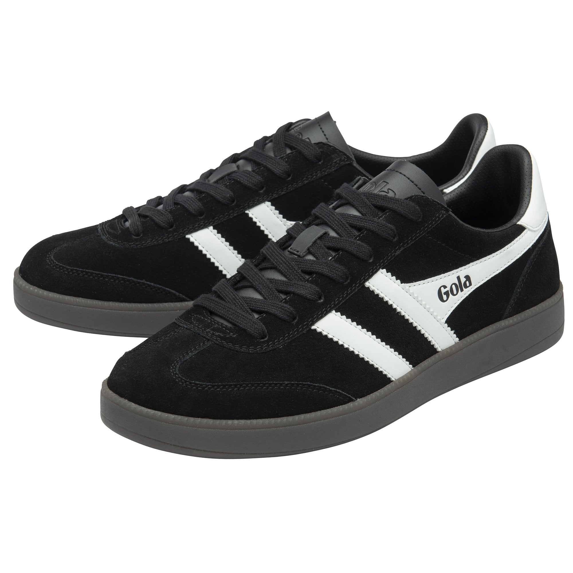 Two black Gola men's sneakers, with white Gola logos on the side and grey soles.