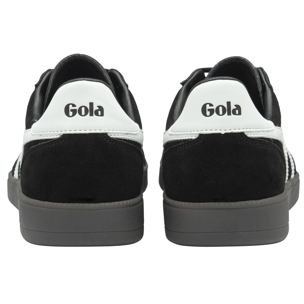 The back of two black Gola men's sneakers, with white Gola logos and grey soles.
