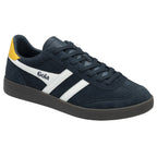 A single men's navy blue Gola trainer with white stripes from the right side.