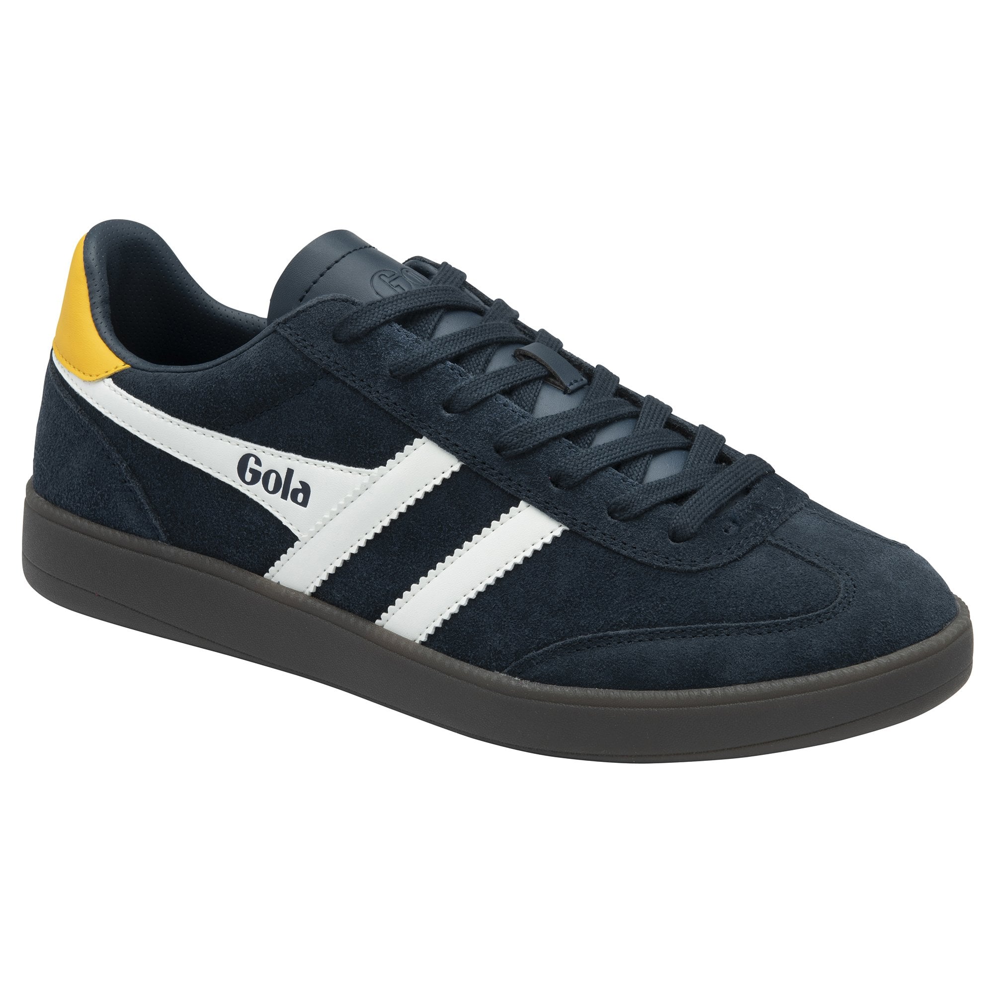 A single men's navy blue Gola trainer with white stripes from the right side.