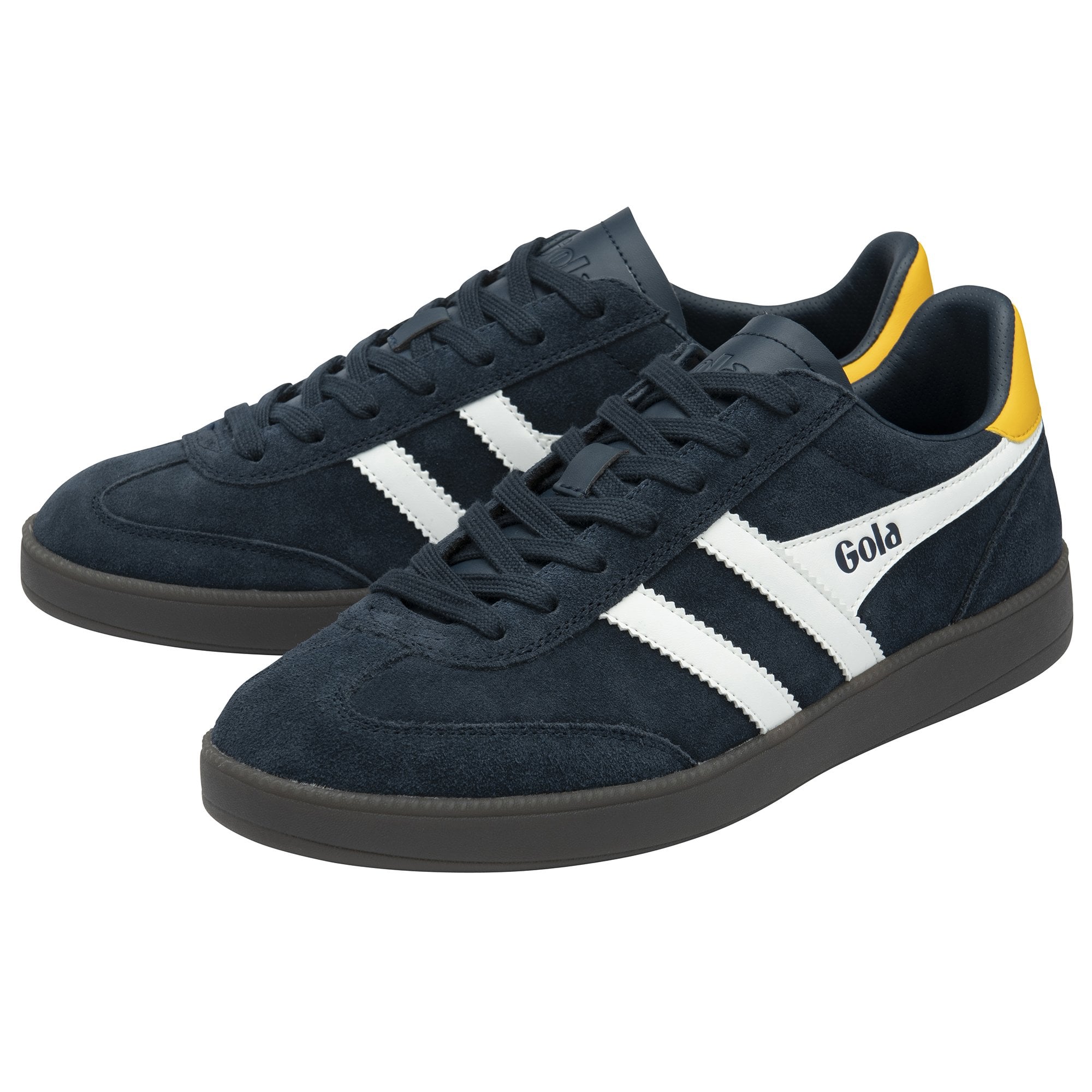 A pair of men's navy blue Gola trainers with white stripes on a white background.