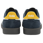 A pair of men's navy blue Gola trainers from behind on a white background.