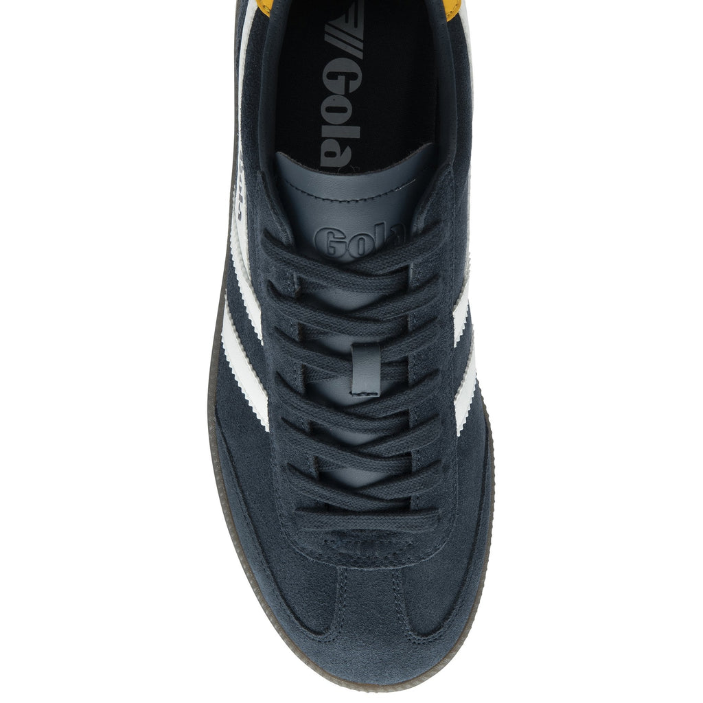 A single men's navy blue Gola trainer from the top on a white background.