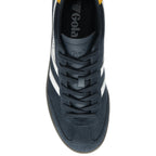 A single men's navy blue Gola trainer from the top on a white background.