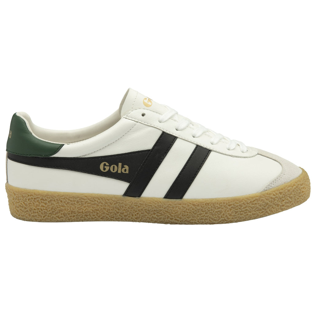 A single white and black Gola sneaker with a brown sole and green accent on the heel.