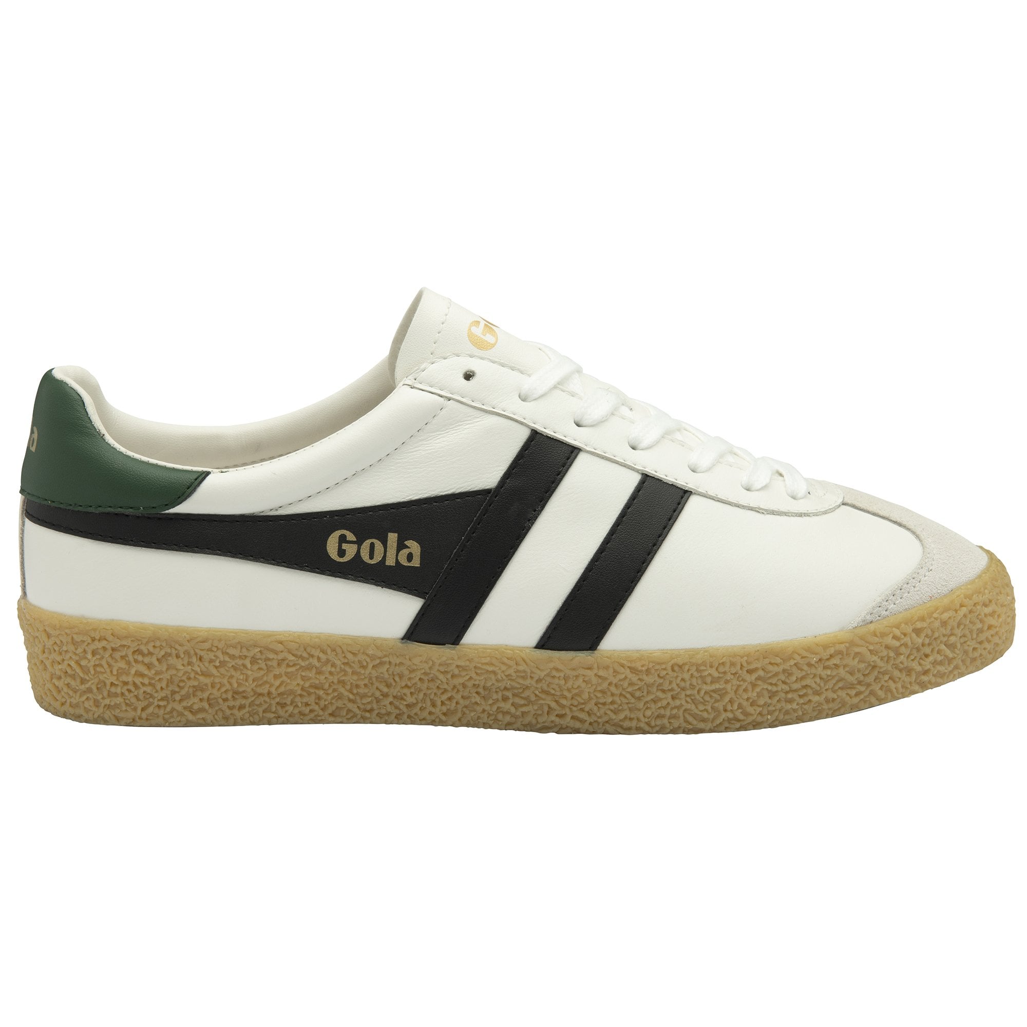 A single white and black Gola sneaker with a brown sole and green accent on the heel.