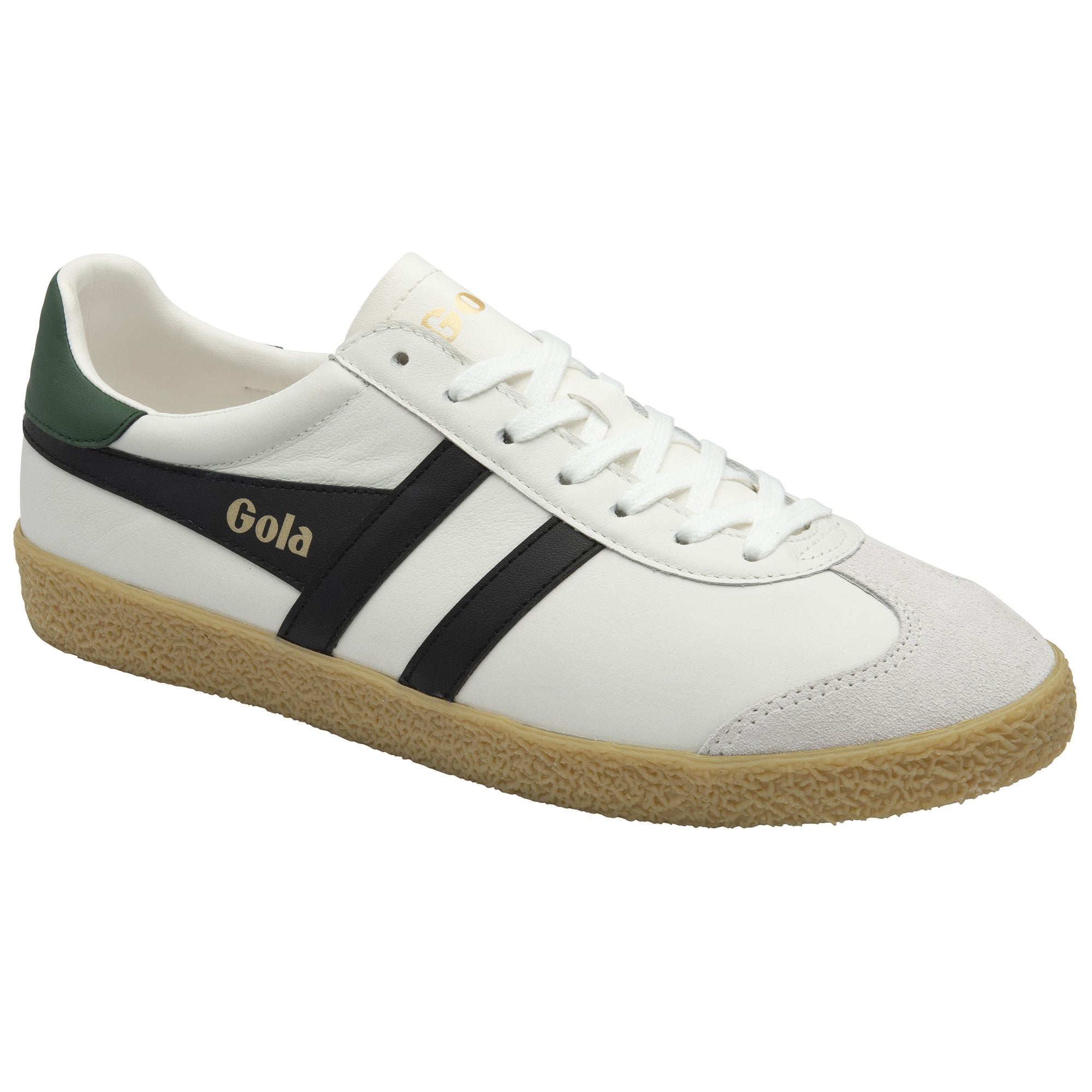 A Gola sneaker in white with black stripes and a green heel, from a slightly different angle.
