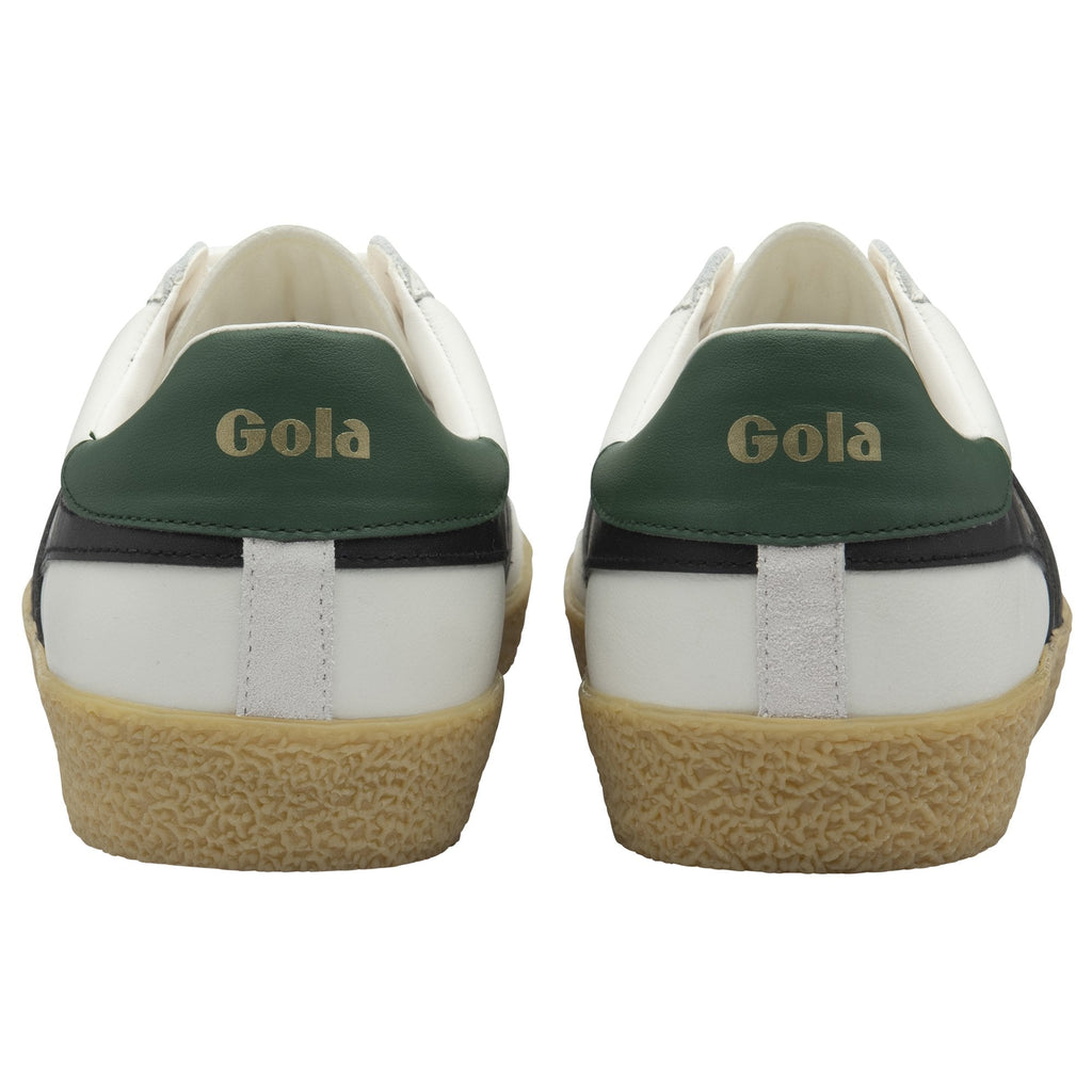 The back view of two Gola sneakers showing green heel tabs with gold 'Gola' lettering.