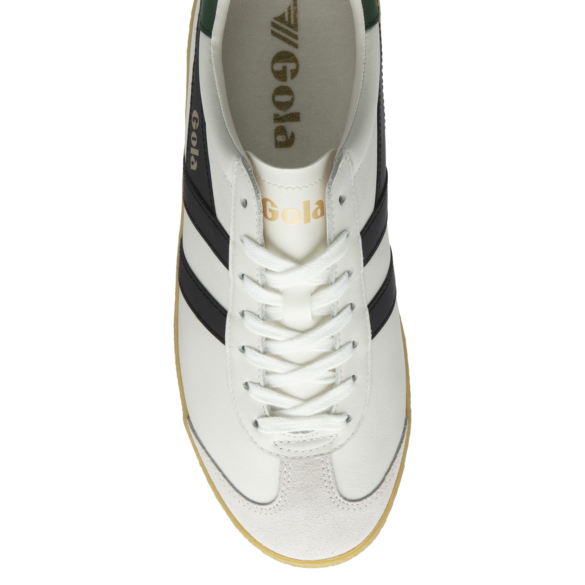 An overhead view of a single white Gola sneaker with black stripes and white laces.