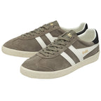 Two Gola men's sneakers in grey with white stripes, black heel tabs, and grey laces.