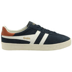 A single Gola Harrier suede sneaker in navy with white stripes and a brown heel tab.