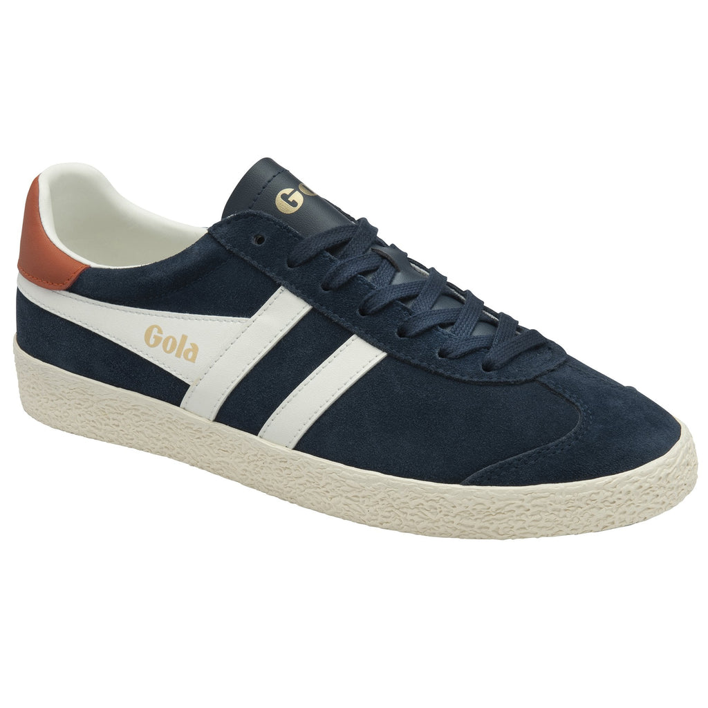 A close-up side view of a Gola Harrier suede sneaker in navy with white stripes.