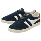 A pair of Gola Harrier suede sneakers in navy with white stripes and brown heel tabs.