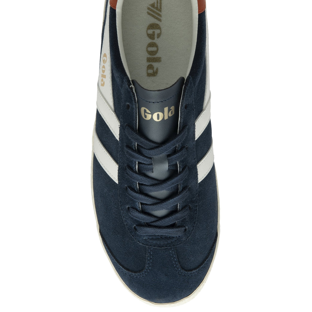 Top-down view of a navy Gola Harrier suede sneaker, showing white stripes and laces.