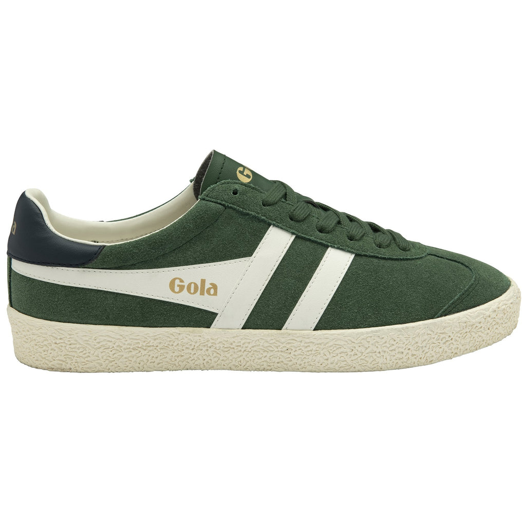A single green Gola sneaker with white stripes, positioned on a white background.