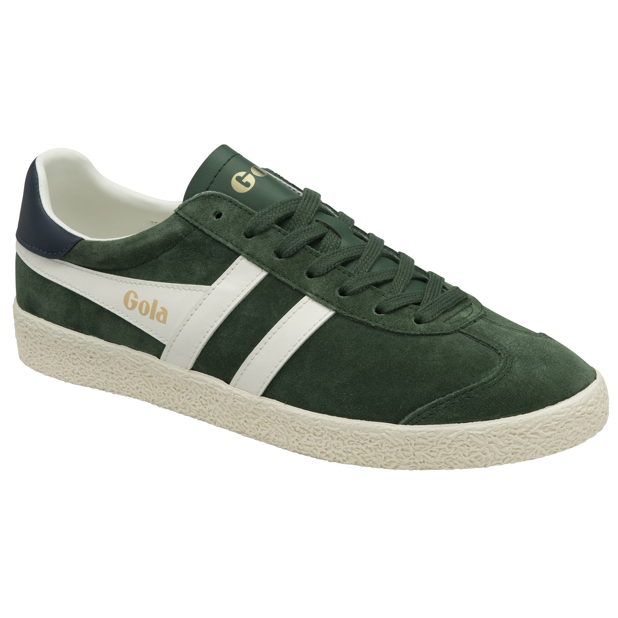 A single green Gola sneaker with white stripes, positioned slightly to the left on a white background.