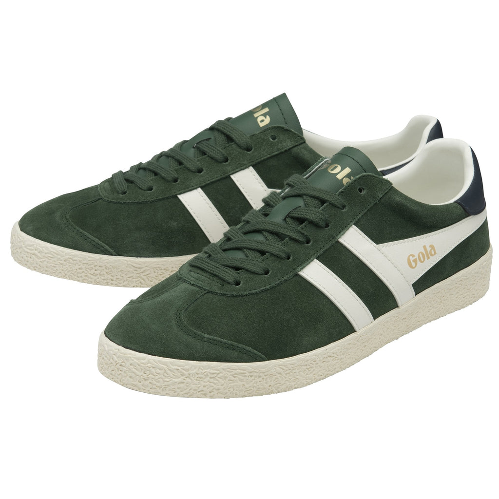 A pair of green Gola sneakers with white stripes, displayed on a white background.