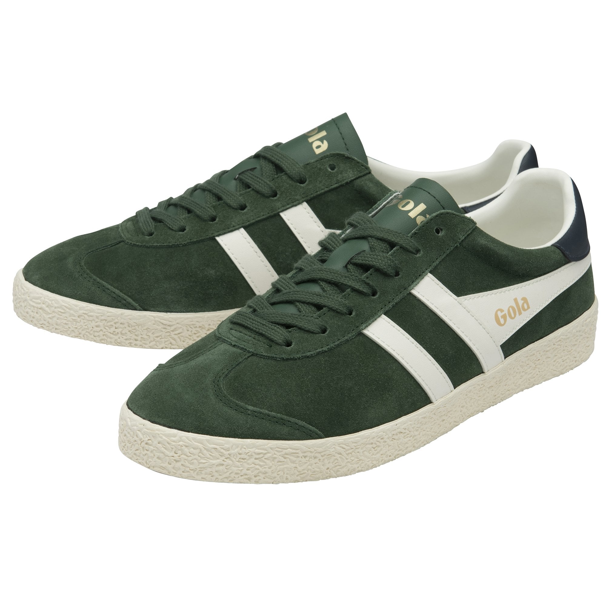 A pair of green Gola sneakers with white stripes, displayed on a white background.