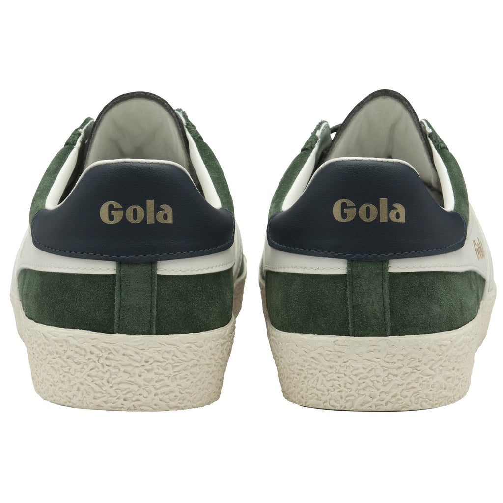 The heels of two green Gola sneakers with white accents and Gola logo, on a white background.