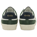 The heels of two green Gola sneakers with white accents and Gola logo, on a white background.