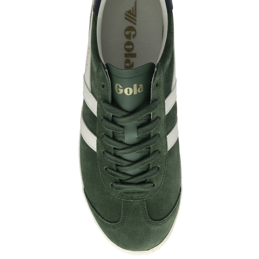 Top-down view of a single green Gola sneaker with white stripes and laces, on a white background.