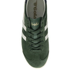 Top-down view of a single green Gola sneaker with white stripes and laces, on a white background.