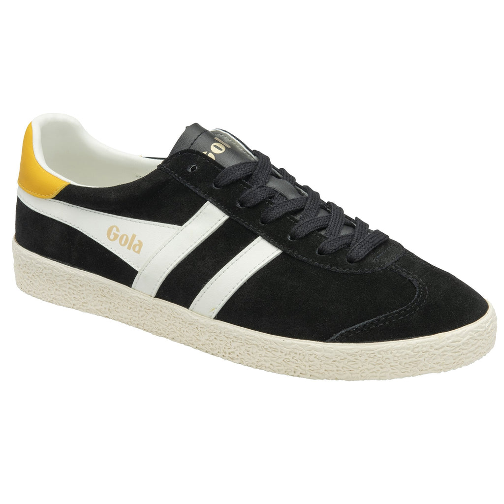 Side view of a black sneaker with white stripes and gold heel detailing.