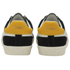 Rear view of two black sneakers with gold heel tabs.