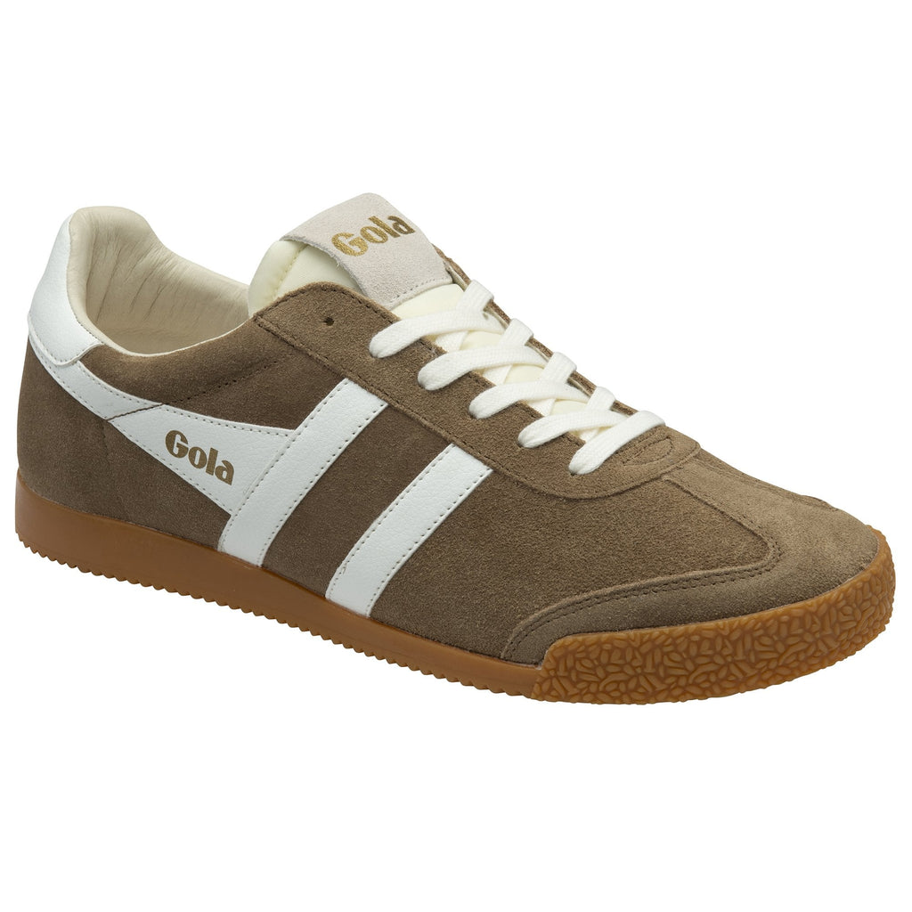 Angular view of a single brown Gola sneaker with white stripes and a gum sole.