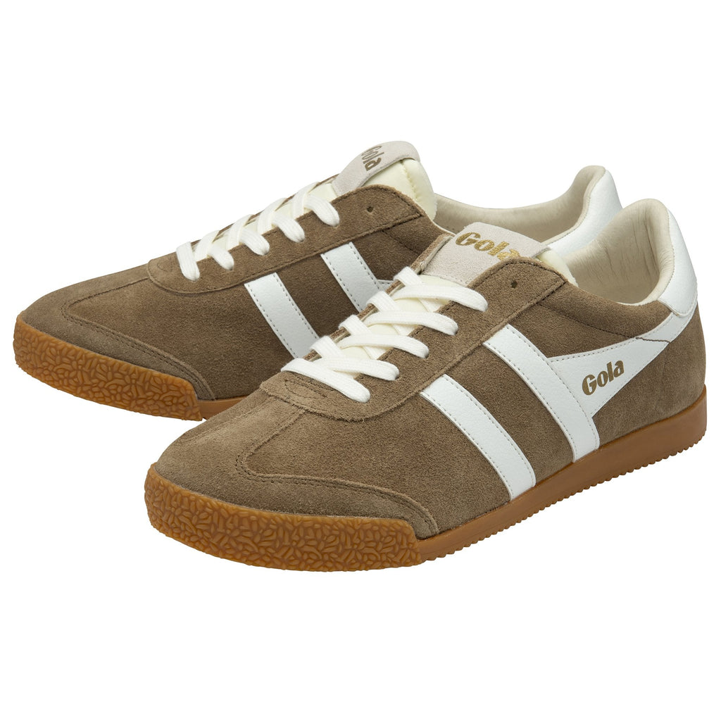 Pair of brown Gola sneakers with white stripes and gum soles, angled for display.
